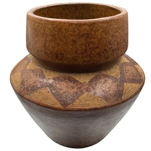 VTG Rustic Stoneware Vase Tribal Geometric Design Natural Brown Boho Pottery